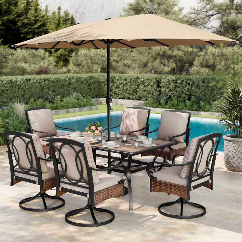Ensemble de salle à manger rectangulaire pour 6 personnes 60 "" avec coussins et parasol Leonard, Beige