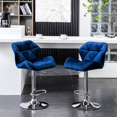 Velvet Diamond Swivel , Blue, 2Pcs - Adjustable Height & Comfort Mid-Back Polished Base With Footrest Blue  2   Swivel, Height, Seat