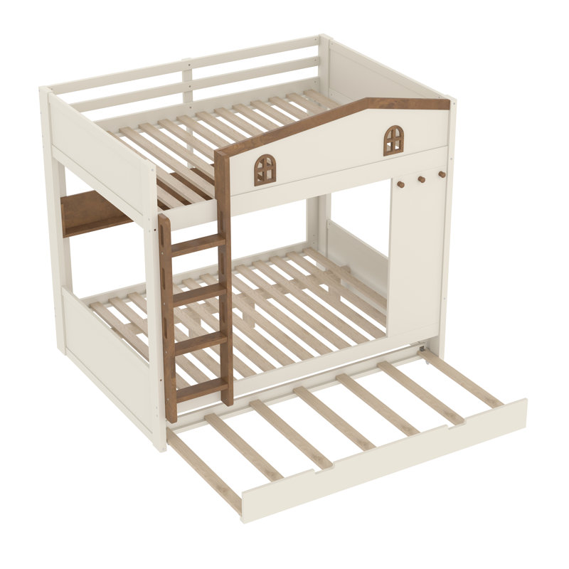 Solid Wood Full over Full Bunk Bed with Trundle, Storage Shelves & Hooks - No Box Spring Needed, Beige & Natural Finish