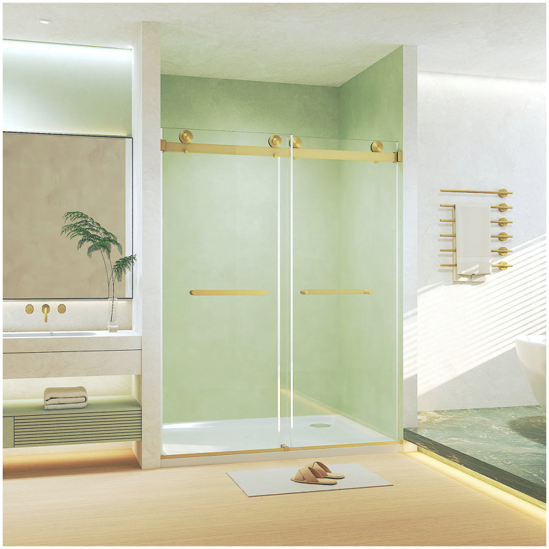 Frameless Double Sliding Shower Door 56-60 "W x 74" H, 5/16 "(8mm) Tempered Glass, Explosion Proof Film, Stainless Steel Handle, Square Tube Track, Brushed Gold