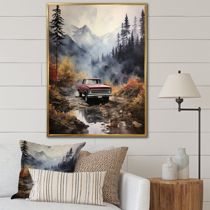 Yve Brown Pickup Truck Misty Mountains sur impression sur toile, H 32 po x l 16 po x P 1 po, Cadre flottant doré