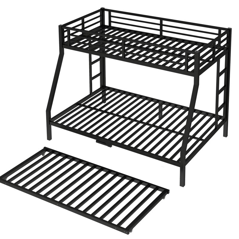 Black Metal Twin Over Full Bunk Bed With Trundle - Solid Construction, Silent Slats, Under Storage Function, 38 Slats Support, Numbered Parts Assembly Guardrail Protection, Simple