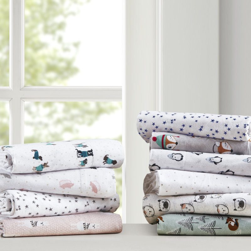 Ensemble de draps 100% flanelle de coton Cozy, Ensemble de draps pour lit simple avec drap-housse, Chiens bleu sarcelle