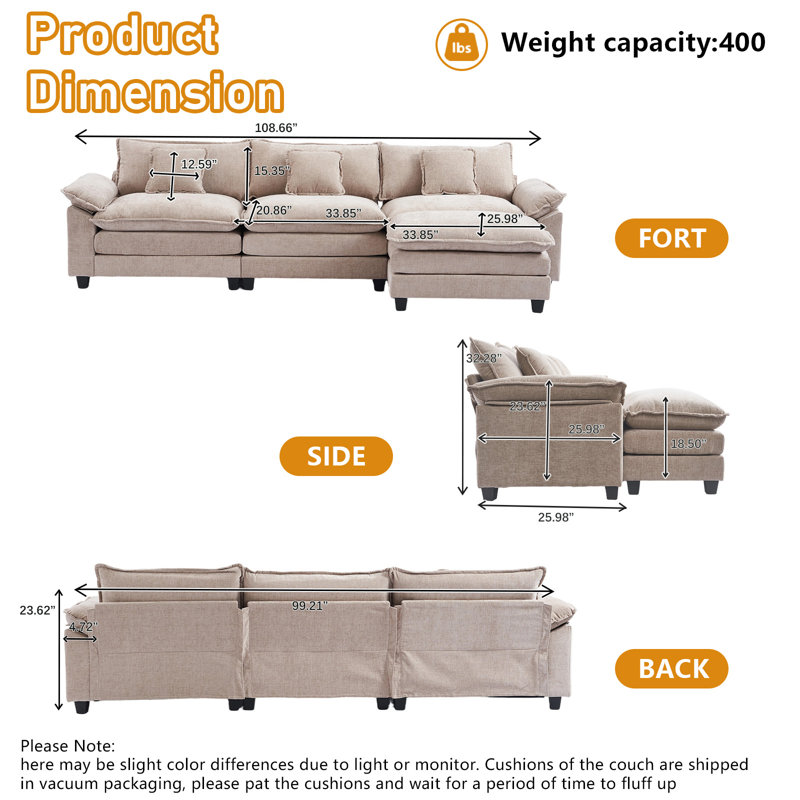 Canapé d'angle modulaire 3 places Cloud, recouvert de chenille, avec pouf amovible, Kaki