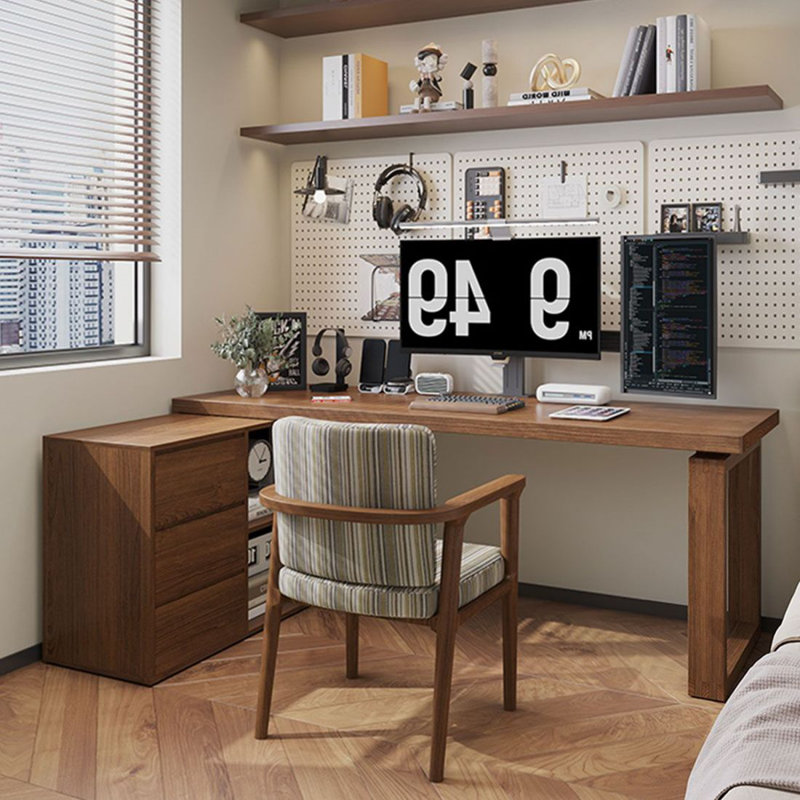 Bureau en coin en coin avec bibliothèque en bois massif en forme de L, Retour à droite, H 29,13 po x l 62,99 po x P 23,62 po