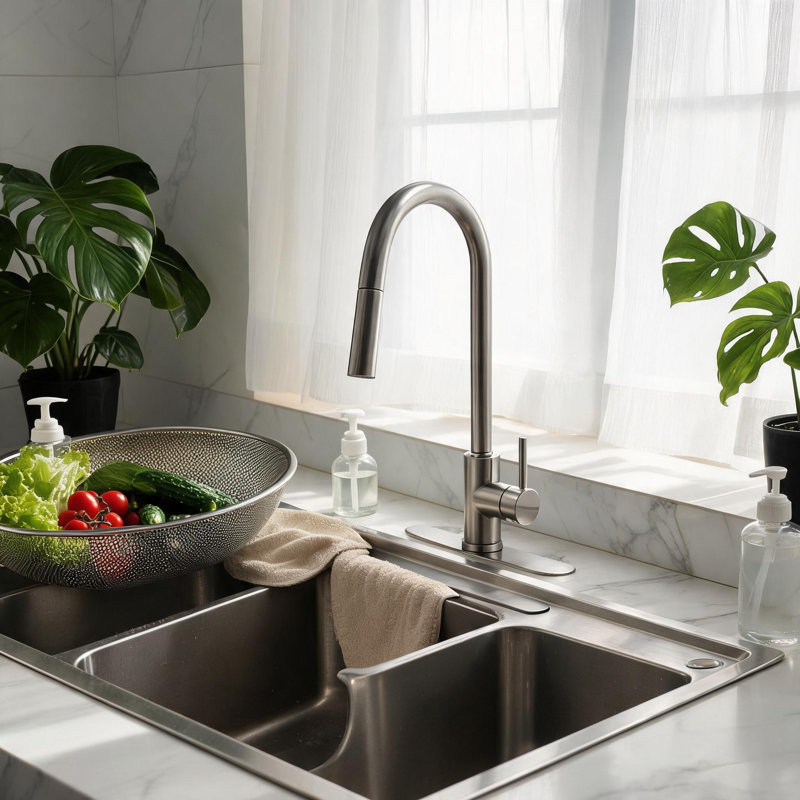 Robinet de cuisine en acier inoxydable nickel brossé avec douchette extractible