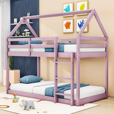 Twin Over Twin House-Shaped-Bunk Bed With Guardrails And Ladder