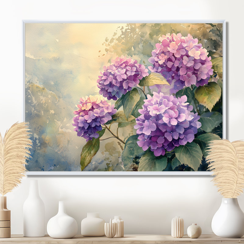 Hydrangeas In The Summer Mist - Hydrangea Wall Art, Floater Frame Print, 16" H x 32 W, White