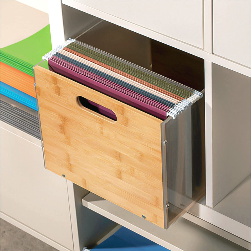Clear File Box Organizer, Bamboo Hanging Folder Storage Boxes, Filing Crate Bin Holder With Handle For Home Office Desk, Letter Size