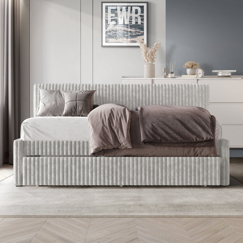Twin Daybed Corduroy With Trundle, Light Gray