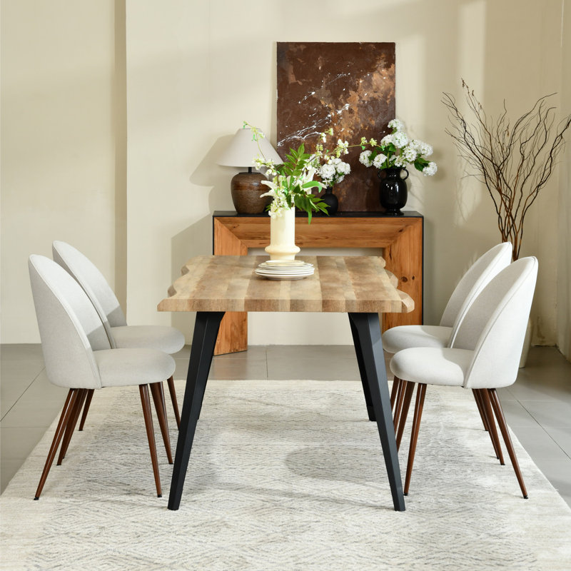 Shivani 5-Piece Dining Set - 63” Wood Table with Modern Wavy-Edge Design for Kitchen Dining Room, Tan, Ivory/Brown