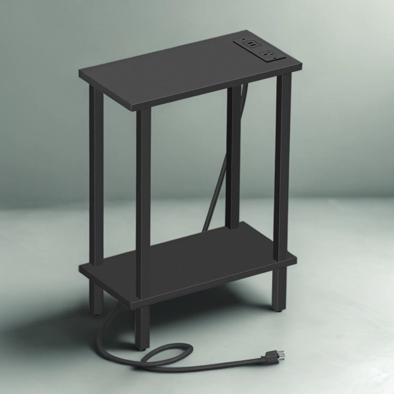 Table de bout mince avec station de charge, table d'appoint étroite avec ports USB et prises de courant, tablette de rangement à 2 niveaux pour le salon, la chambre à coucher ou les petits espaces
