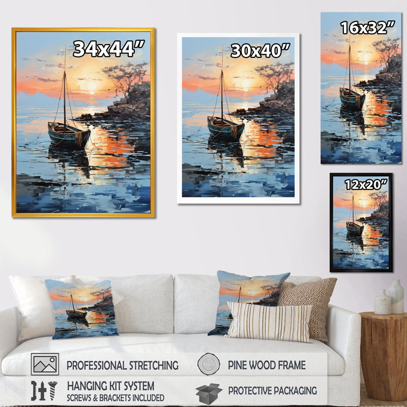 «Lake Fishers Boat Twilight II» - art mural bateau côtier, Toile tendue, 60" H x 28" W