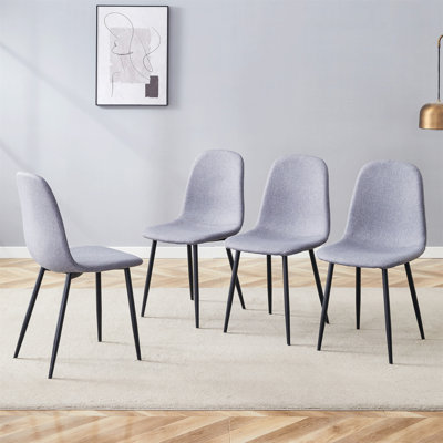 Luxury Simple Chair - Set Of 4 Light Gray Linen-Cotton Material High Resilience Dining Chair With Metal Black Leg.Integral Metal Leg Architecture,Suitable For Various Interior Decoration Styles.