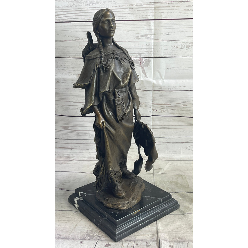 Bronze Native American Woman with Baby Statue on Marble Base