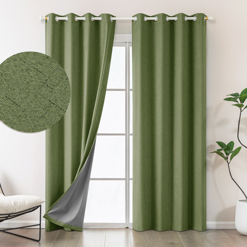 Jimmy Boho Faux Linen 100% Blackout With Liner Grommet Curtain Pair, 52" W x 96" L, Olive Green