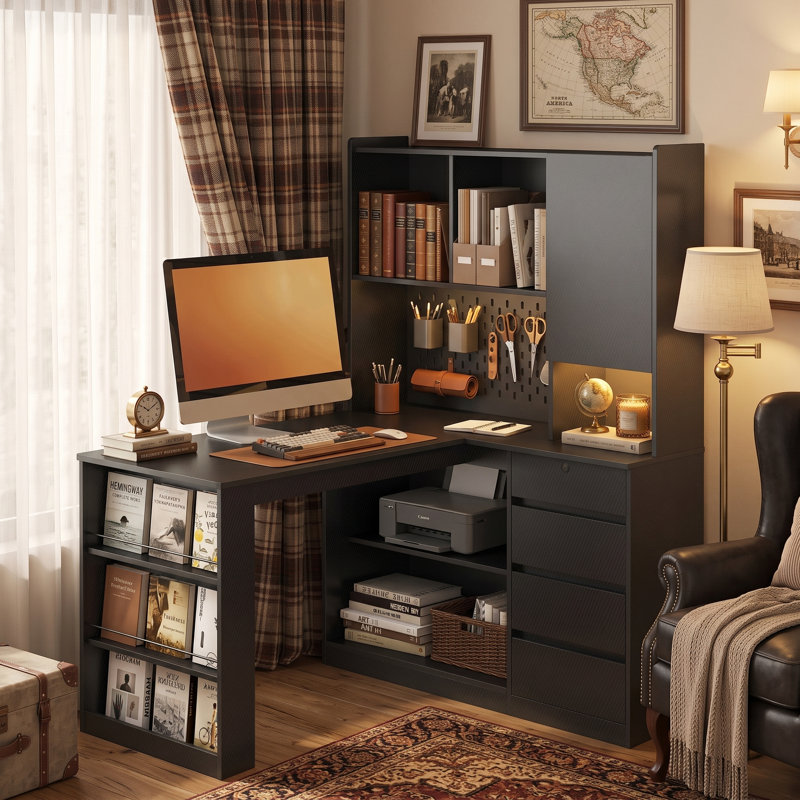 Bureau en coin en L 51,56 po avec tablettes de rangement et station de charge, noir, Retour à gauche, Noir