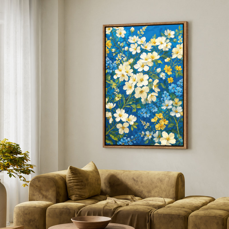 Art mural encadré - Fleurs blanches et jaunes vives sur fond botanique bleu - 16 po x 24 po, 24 po x 36 po, 36" H x 24" W