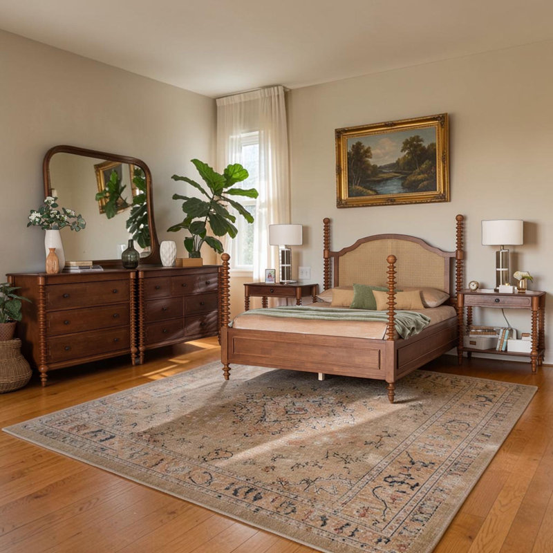 Ensemble de chambre avec grand lit 4 pièces avec tables de chevet 1 tiroir Cascade, Walnut Brown, Queen