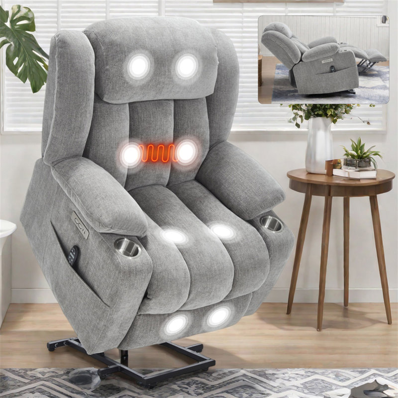 Up To 350 LBS Chenille Power Lift Recliner Chair, Heavy Duty Motion Mechanism With 8-Point Vibration Massage And Lumbar Heating, USB And Type-C Ports, Stainless Steel Cup Holders