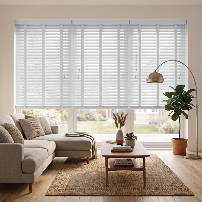 Faux Wood Tape Window Blind, Cordless Venetian Blind for Home & Office, White, 150 cm L x 180 cm W