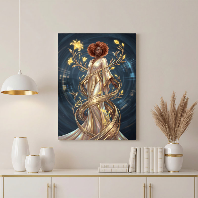 «Golden Floral Woman In Elegant Gown», reproduction d'art sur toile tendue sur toile, ensemble de 1, H 30 po x l 20 po