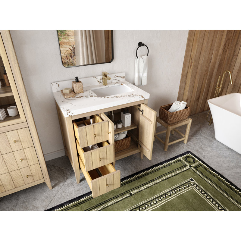 Atlanta Oak Wood 36 In. W X 22 In. D Right Offset Sink Bathroom Vanity With 2 In. Quartz, 2 IN Berkshire Brass