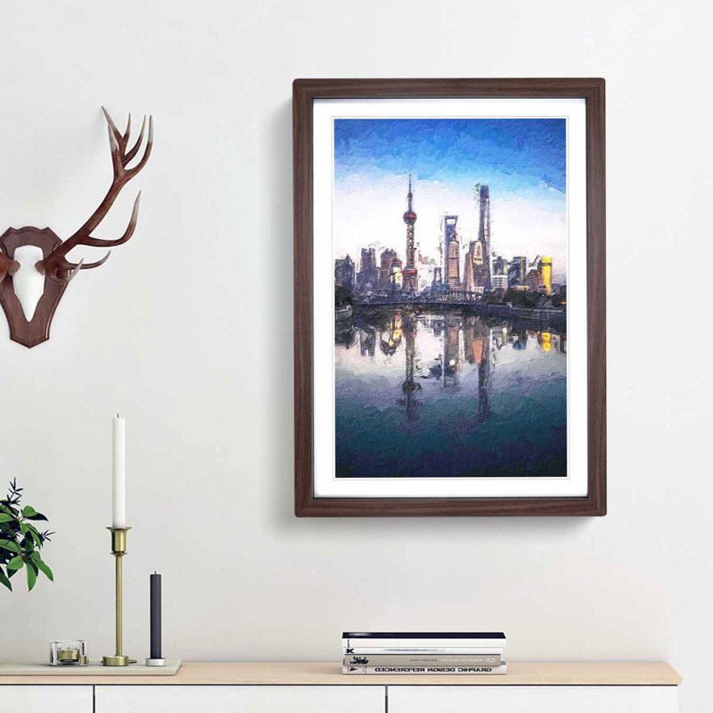 Shanghai Skyline Reflection - Picture Frame Painting Print, 48cm H x 36cm W x 2cm D, Walnut Framed