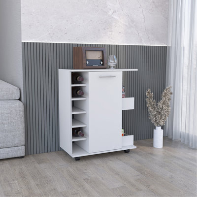 Chariot-bar avec roulettes, 2 tablettes de rangement latérales et support pour 6 bouteilles de vin