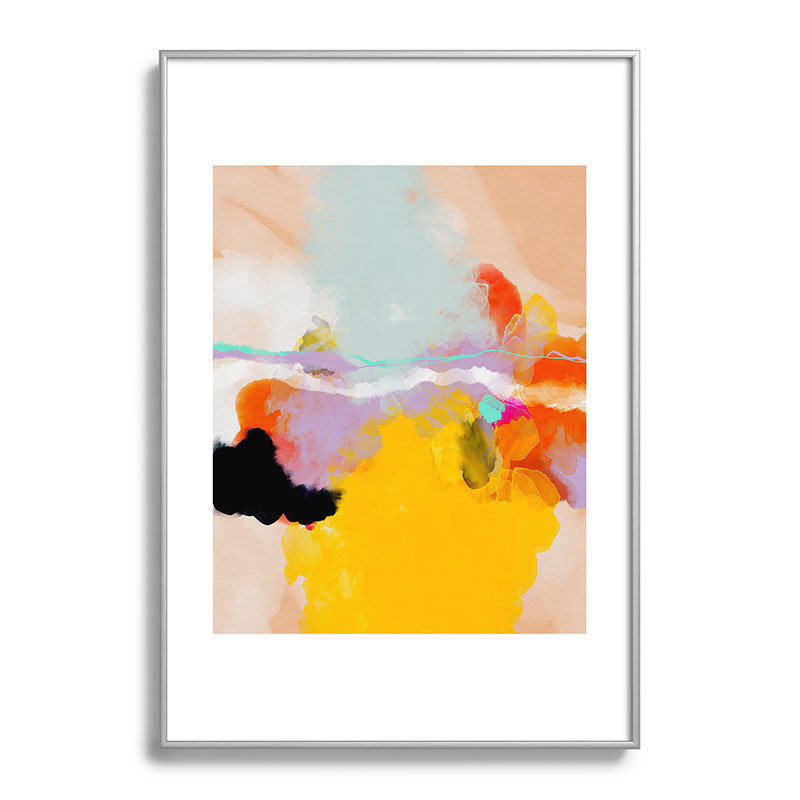 Abstrait jaune rosé encadré sur papier, Argent, H 19 po x l 13 po