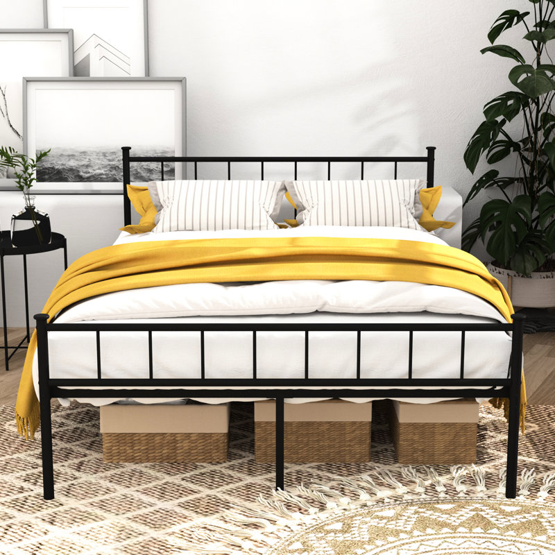 Cadre de lit double noir avec tête de lit et structure sous le rangement, aucun sommier requis, conception classique avec des lignes simples, matériau épais, idéal pour les styles de chambre à coucher variés, confortable