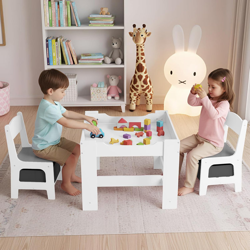 Kids Table and Chair Set, 4 in 1 Wooden Children Activity Table w/Storage, Reversible Deskboard, Blackboard, Detachable Tabletop for Toddlers Art Crafts, Playroom, Drawing, Reading Natural(gray)