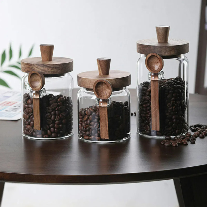 3 pots à café en verre avec cuillères, pots à bonbons, pots à biscuits, pots de rangement, pots à thé, pots à collation, pots à assaisonnement, pots à sel, pots à poivre