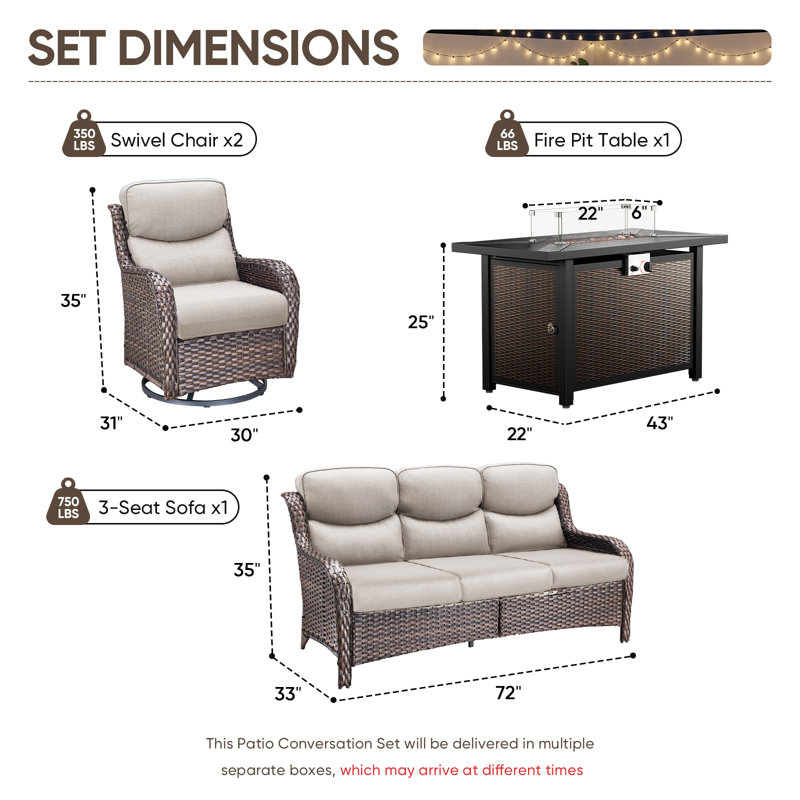 Anner 4-Piece Wicker Rattan Patio Conversation Set With Rectangle Metal Fire Pit Table And Swivel Gliders, Beige, Brown
