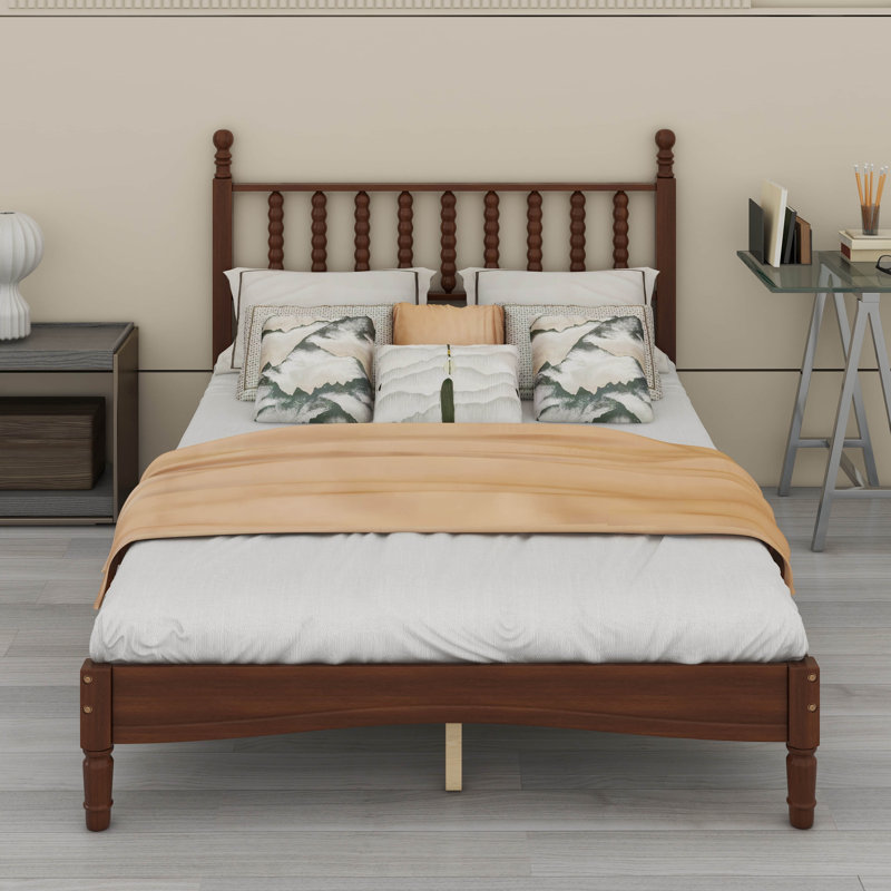 Structure de lit double, lit plateforme double en bois avec tête de lit en forme de gourde, lit plateforme double avec support en lattes de bois