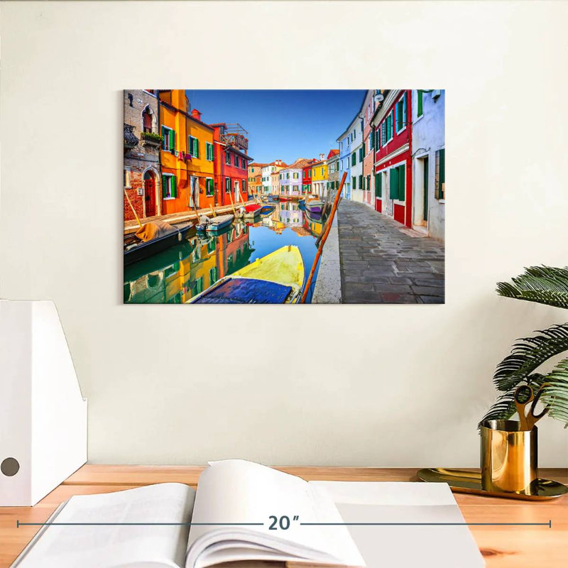 Bateaux Mehar et maisons à Burano, H 8 po x l 12 po