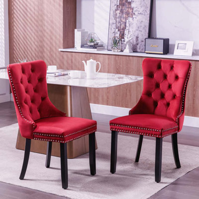 Ensemble de chaises de salle à manger rembourrées en velours avec dossier capitonné, tête cloutée et pieds en bois