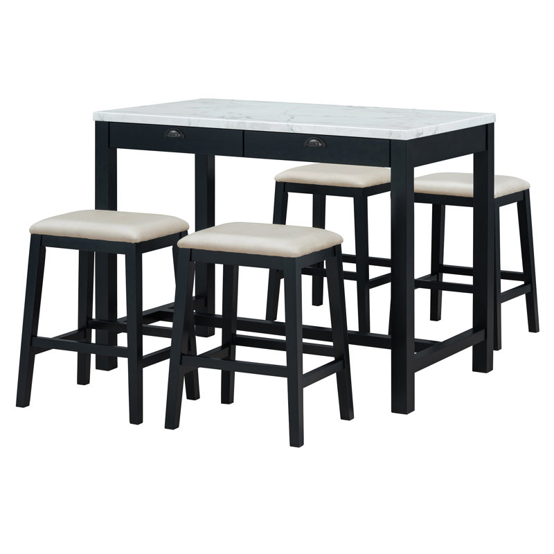 Modern Bar Dining Table Set With Storage Drawers And Padded Stools, Black