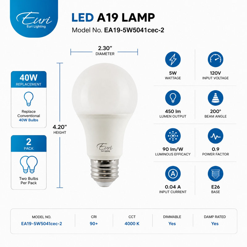 Ampoules DEL Euri Lighting A19, 5 W, 450 lm, équivalent 40 W, 4 000 K, culot E26, dimmables, homologuées CEC/JA8 et UL, ensemble de 2