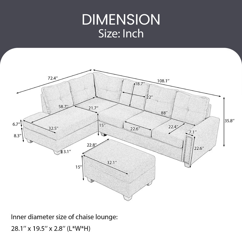 Ishrat Upholstered L-Shaped Sectional with Ottoman Reversible, Gray 100% Linen