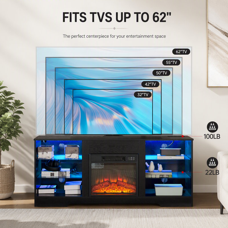 Meuble télé moderne avec foyer électrique, étagères en verre ajustables et ports de chargement intégrés pour salons