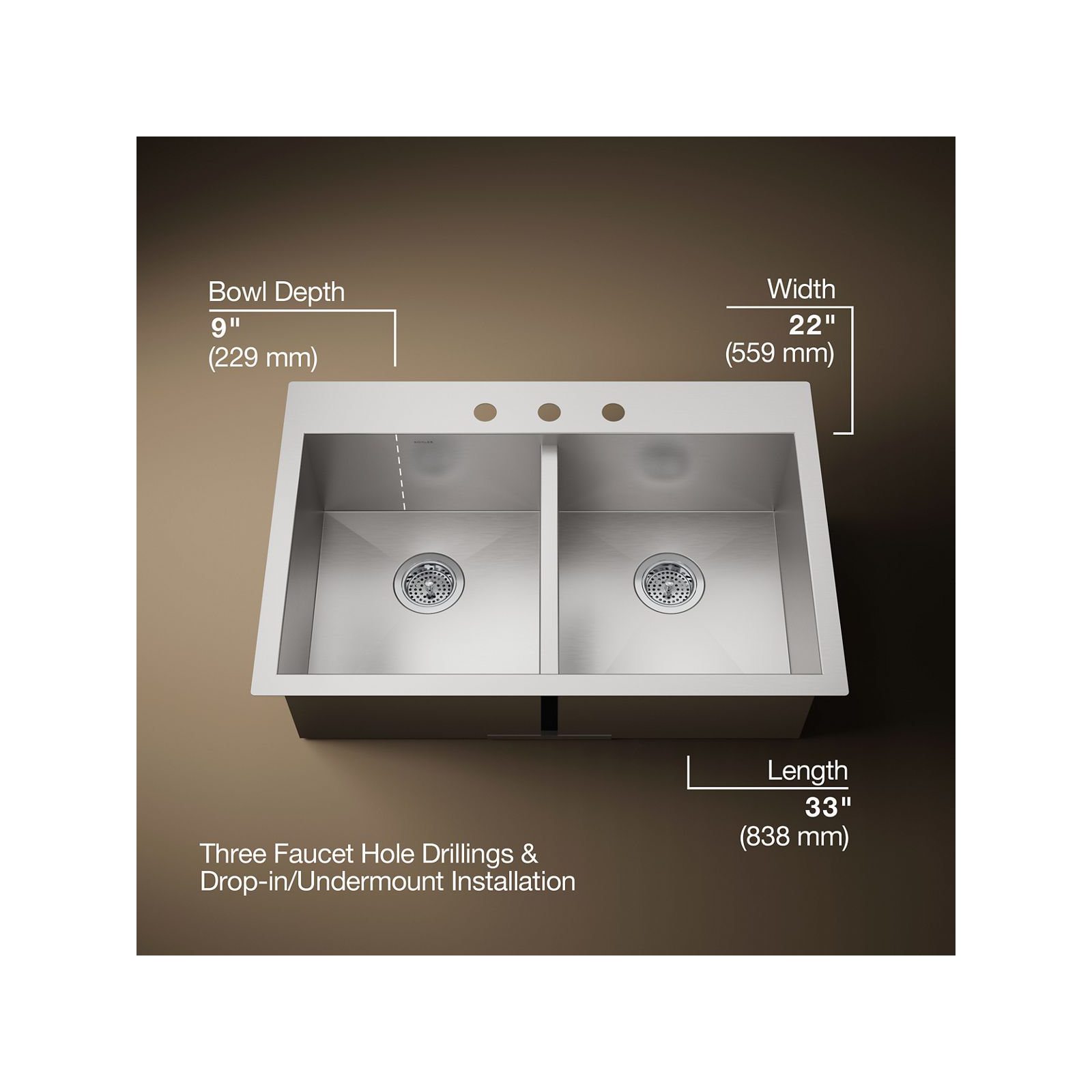 Vault Double Bowl Kitchen Sink with Single Faucet Hole, 3 Holes