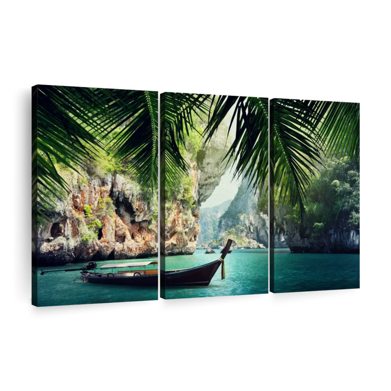 Thailande, bateau long, 3 pièces, H 42 po x l 65 po x P 1,25 po