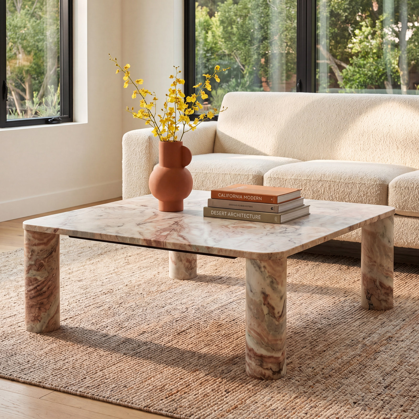 Enid 35" Genuine Marble Coffee Table, White/Brown