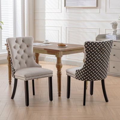Chaises de salle à manger classiques en velours, chaise de salle à manger rembourrée en velours de bois massif haut de gamme avec pieds en bois cloutés, ensemble de 2