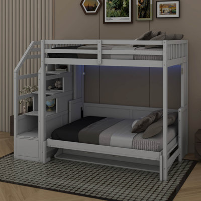 Full XL Size Loft Bed With Storage Staircase And Murphy Bed, With LED Light