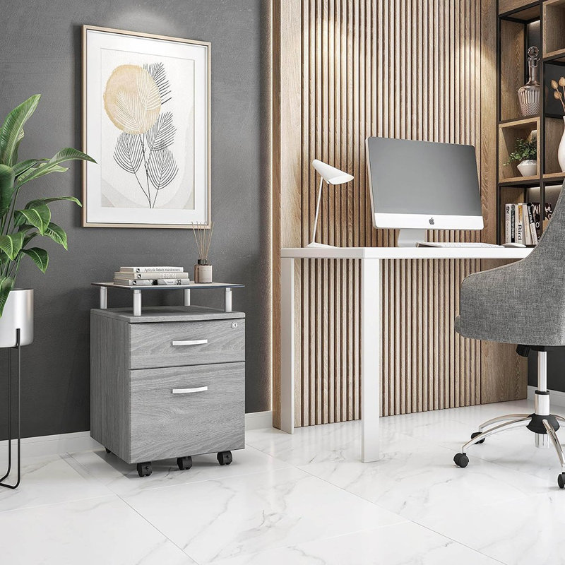 Classeur roulant avec plateau en verre, gris, Gris
