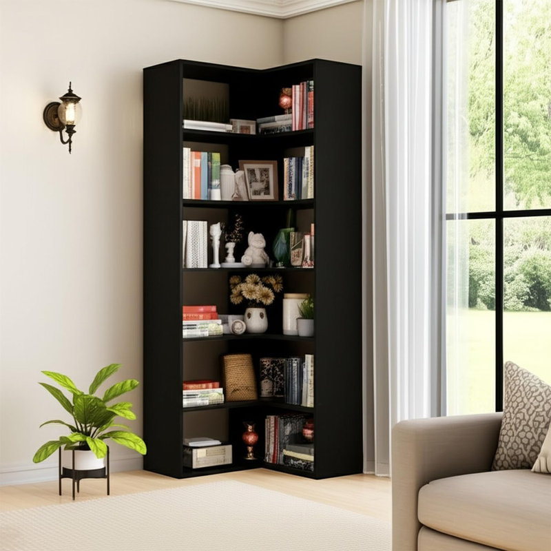 Bibliothèque d'angle à 6 niveaux avec tablette de rangement en L en bois rustique pour le salon et le bureau, Black