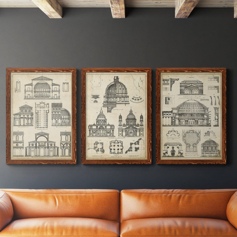 «Vintage Architects Plan I», ensemble de 3 impressions sur toile encadrées, Érable, H 37,5 po x l 82,5 po x P 1,5 po