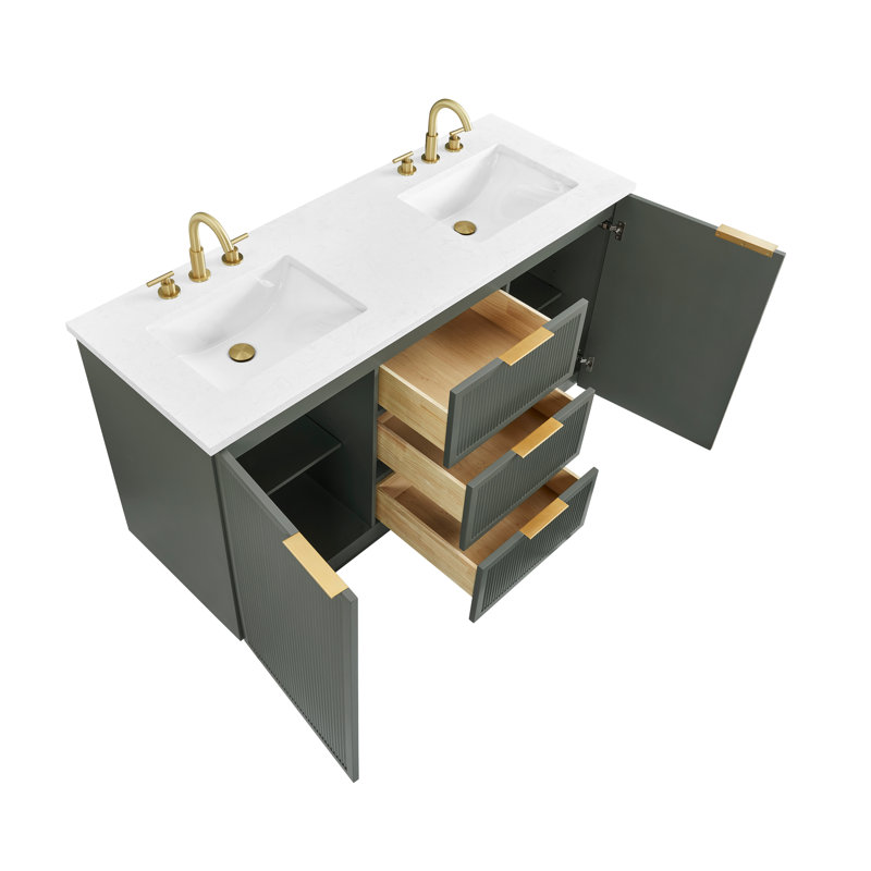 Meuble-lavabo double 60 po Aderyn, Vert rétro / bronze brossé